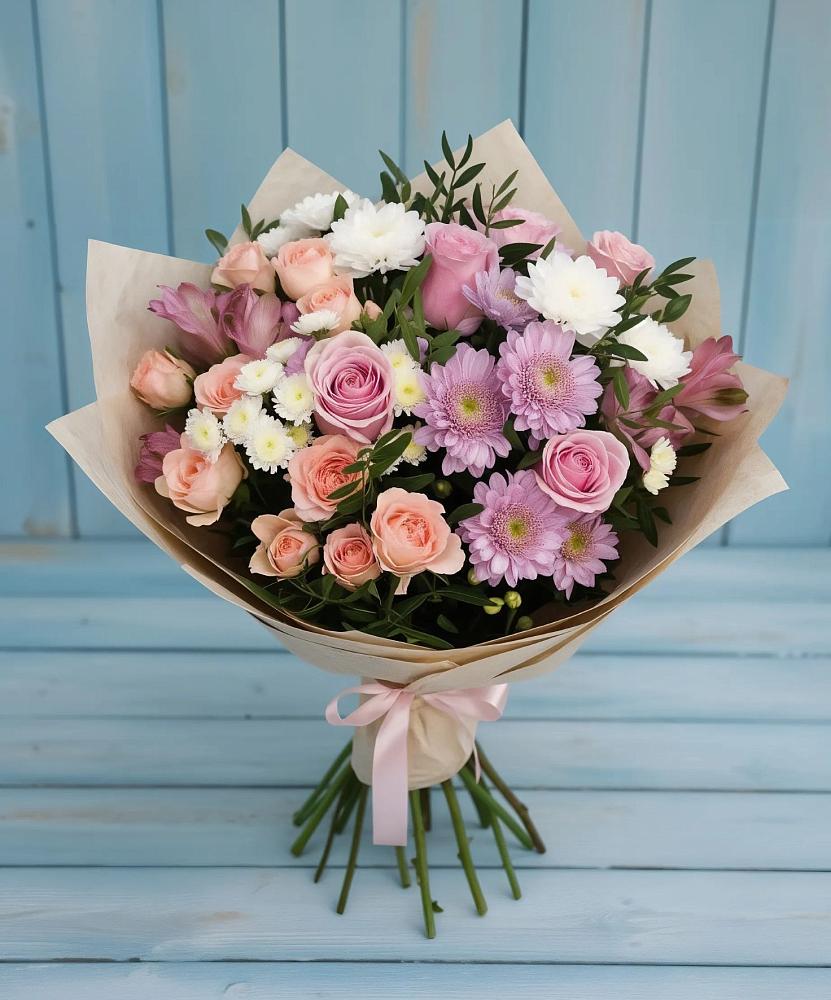 Букет цветов из: Хризантемы, Розы и Альстромерии в Российском Краснодарский край