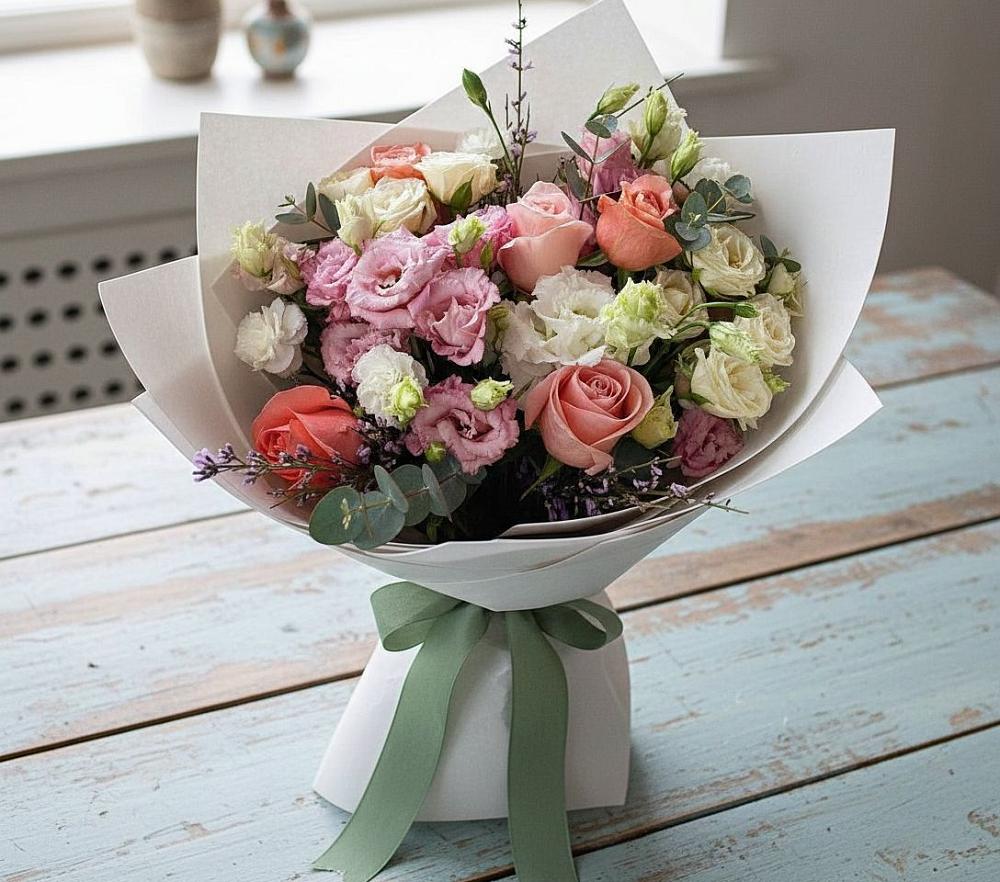 Букет цветов из: Розы, Лизиантусы и Гвоздики в Российском Краснодарский край