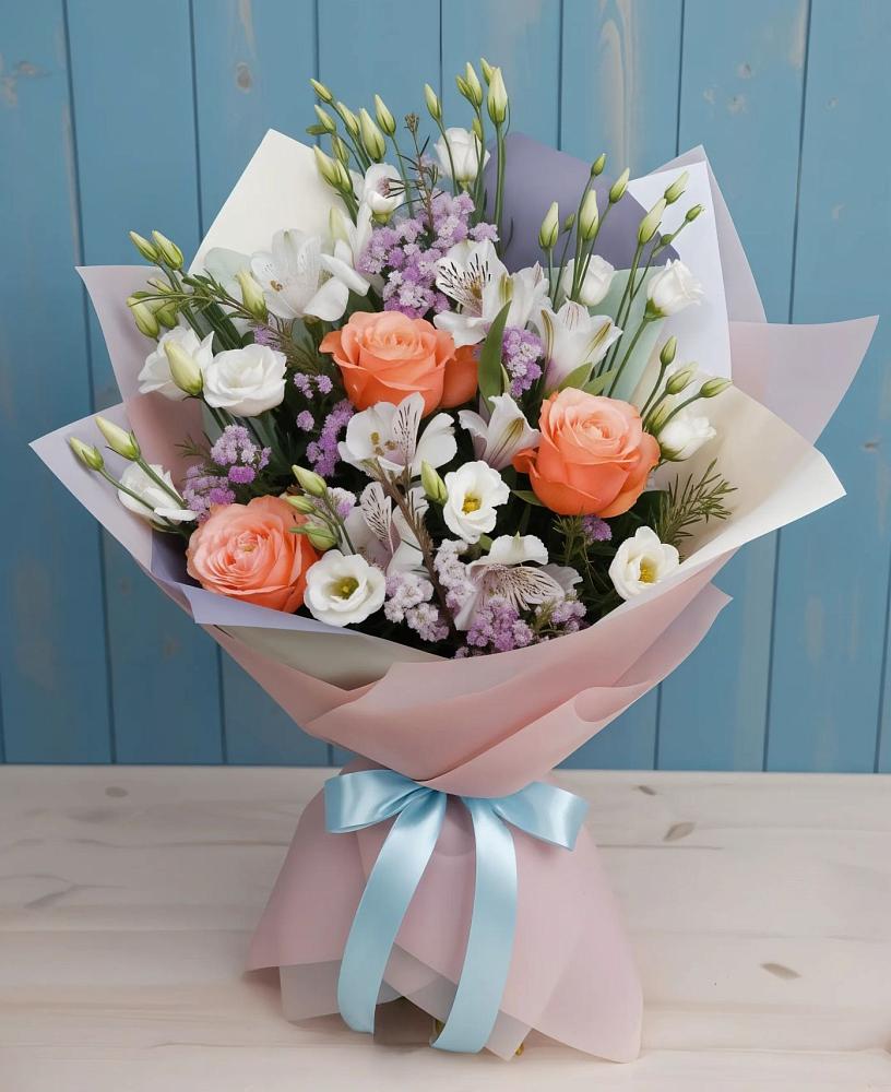 Букет цветов из: Лизиантусы, Розы, Альстромерии и Гипсофила в Российском Краснодарский край